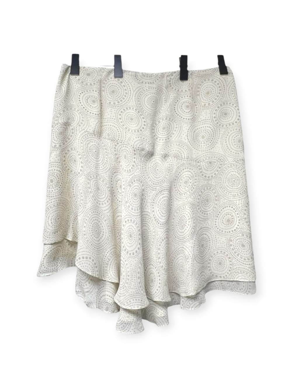 Calvin Klein Beige Silk Short Skirt Size 12 Lined Asymmetric Tiered Circle Print